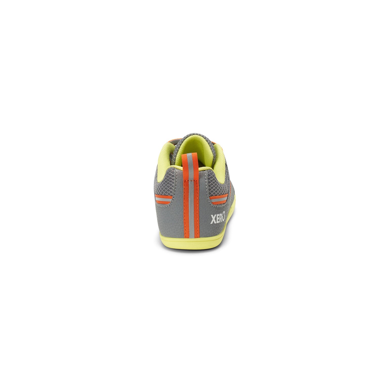 Die Xero Shoes Prio Youth in Grau als robuste Barfußschuhe für Kinder, Rückansicht, verfügbar in unserem Onlineshop für Barfußschuhe.