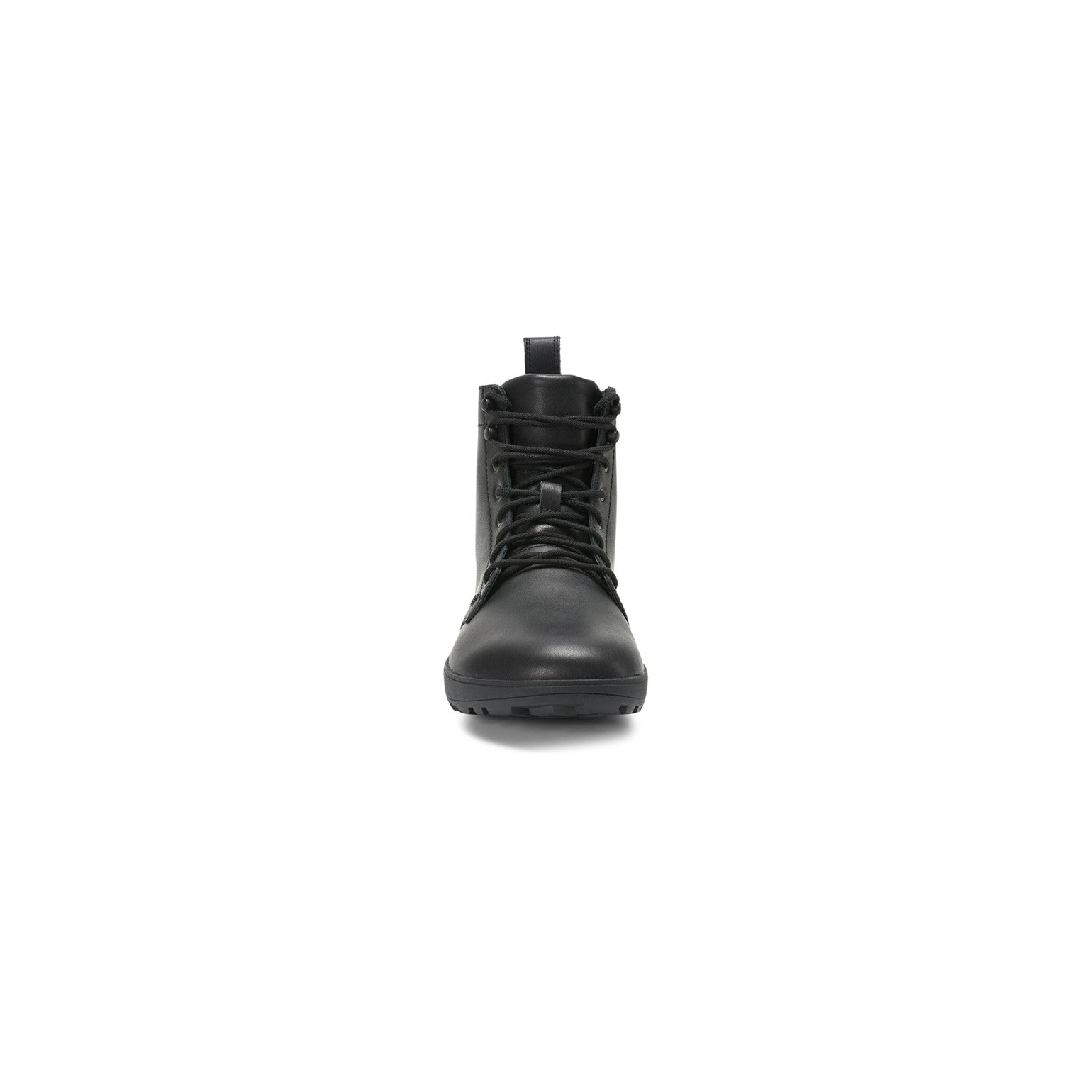 Barfußschuhe Xero Shoes Breckenridge in Schwarz aus Leder, knöchelhohe Damenstiefel, Vorderansicht, erhältlich in unserem Onlineshop.