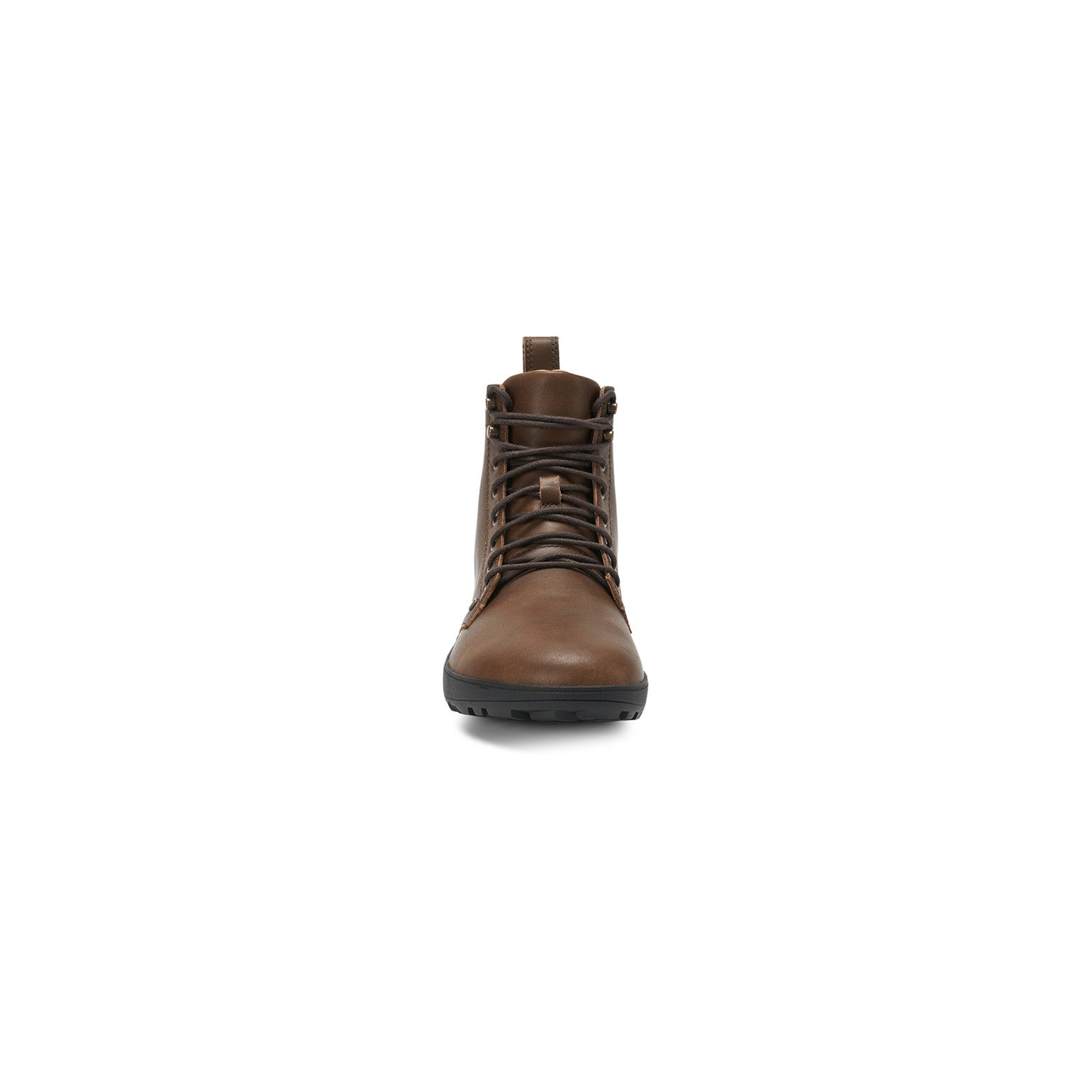 Barfußschuhe Xero Shoes Breckenridge in Braun aus Leder, knöchelhohe Damenstiefel, Vorderansicht, erhältlich in unserem Onlineshop.