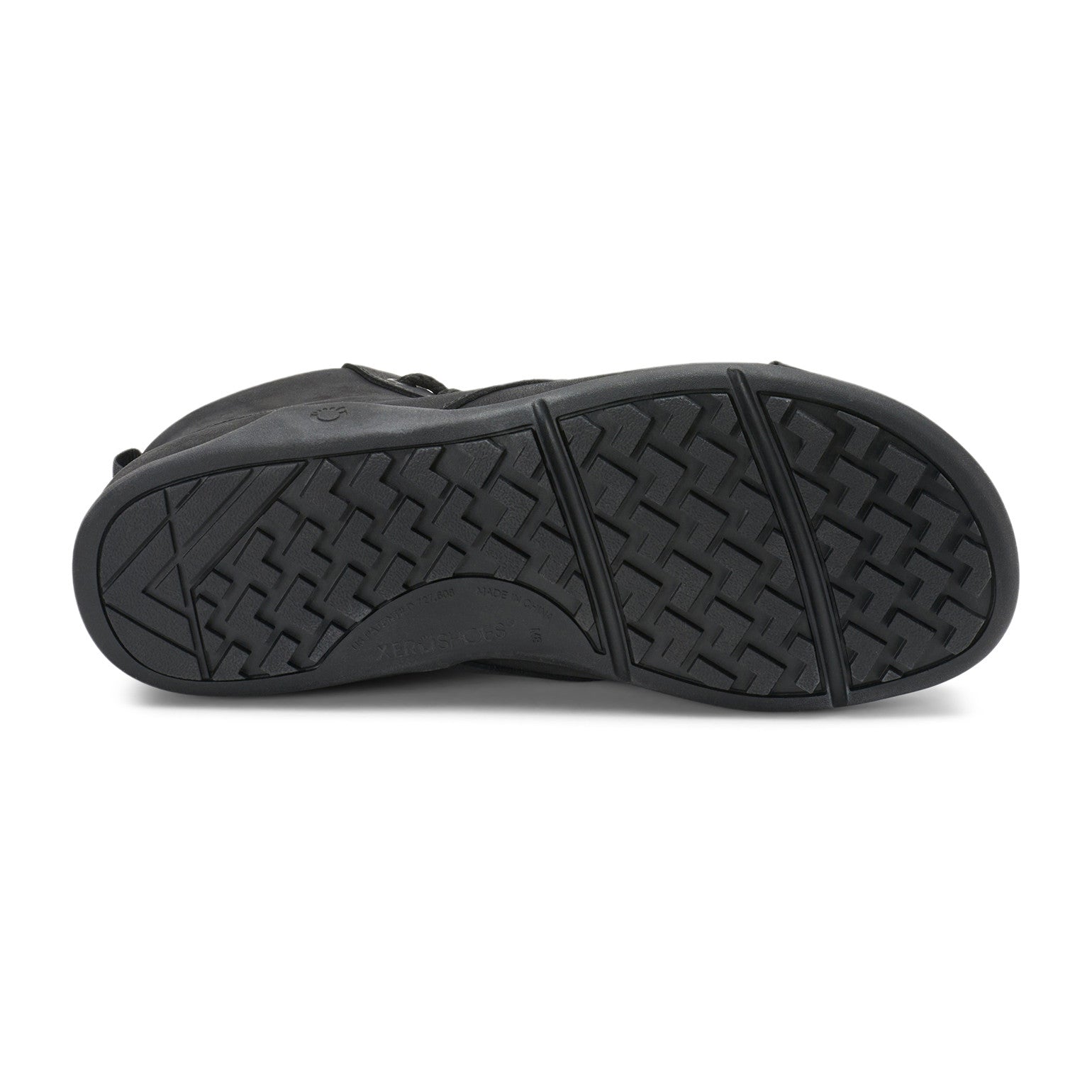 Sohlenansicht der schwarzen Xero Shoes Denver Barfußstiefeletten, ledergefütterte Herrenschuhe mit rutschfester Sohle, im Onlineshop für Barfußschuhe erhältlich.