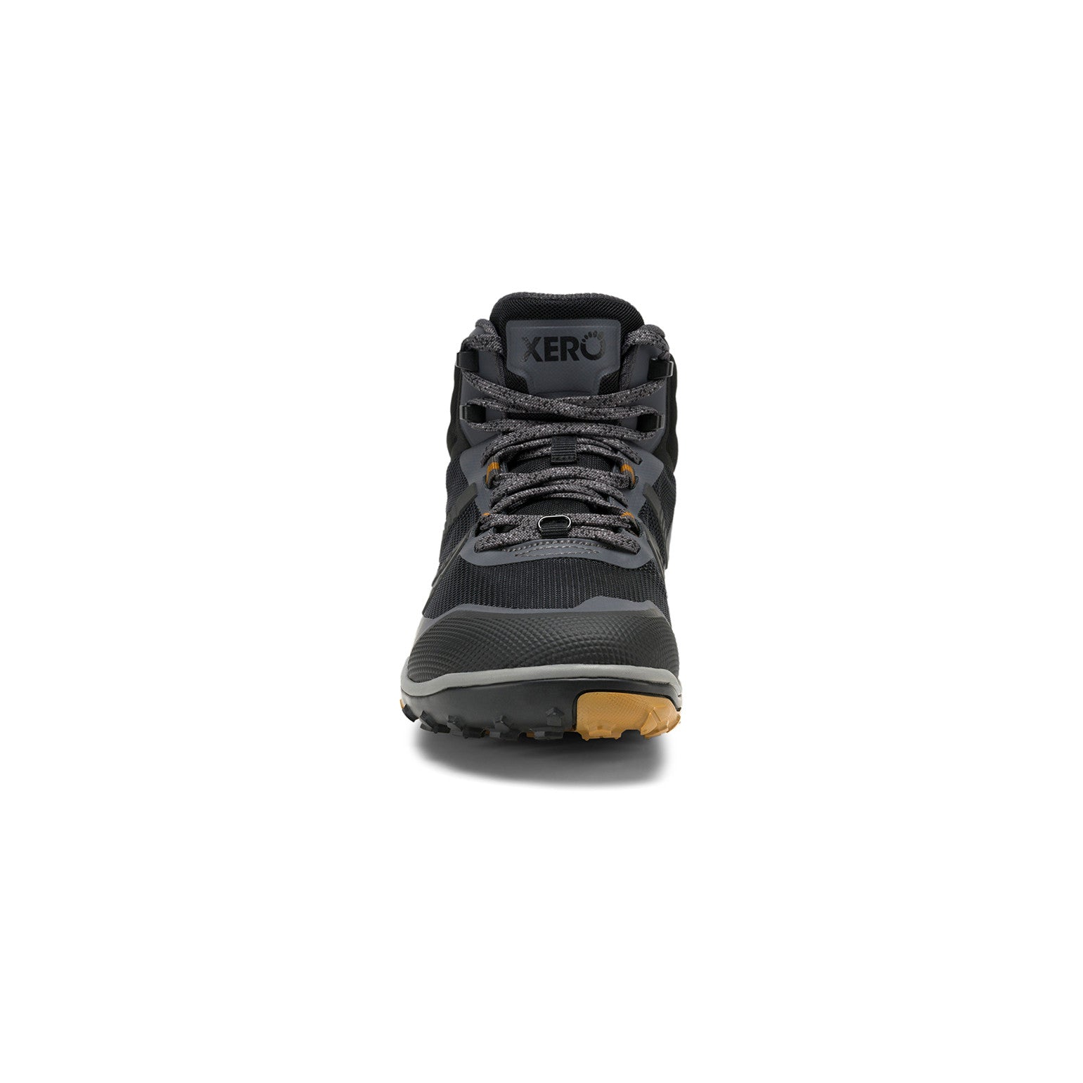 Xero Shoes Scrambler Mid II Asphalt Black Barfußschuhe für Herren als Wanderschuhe, Frontansicht im Onlineshop für Barfußschuhe