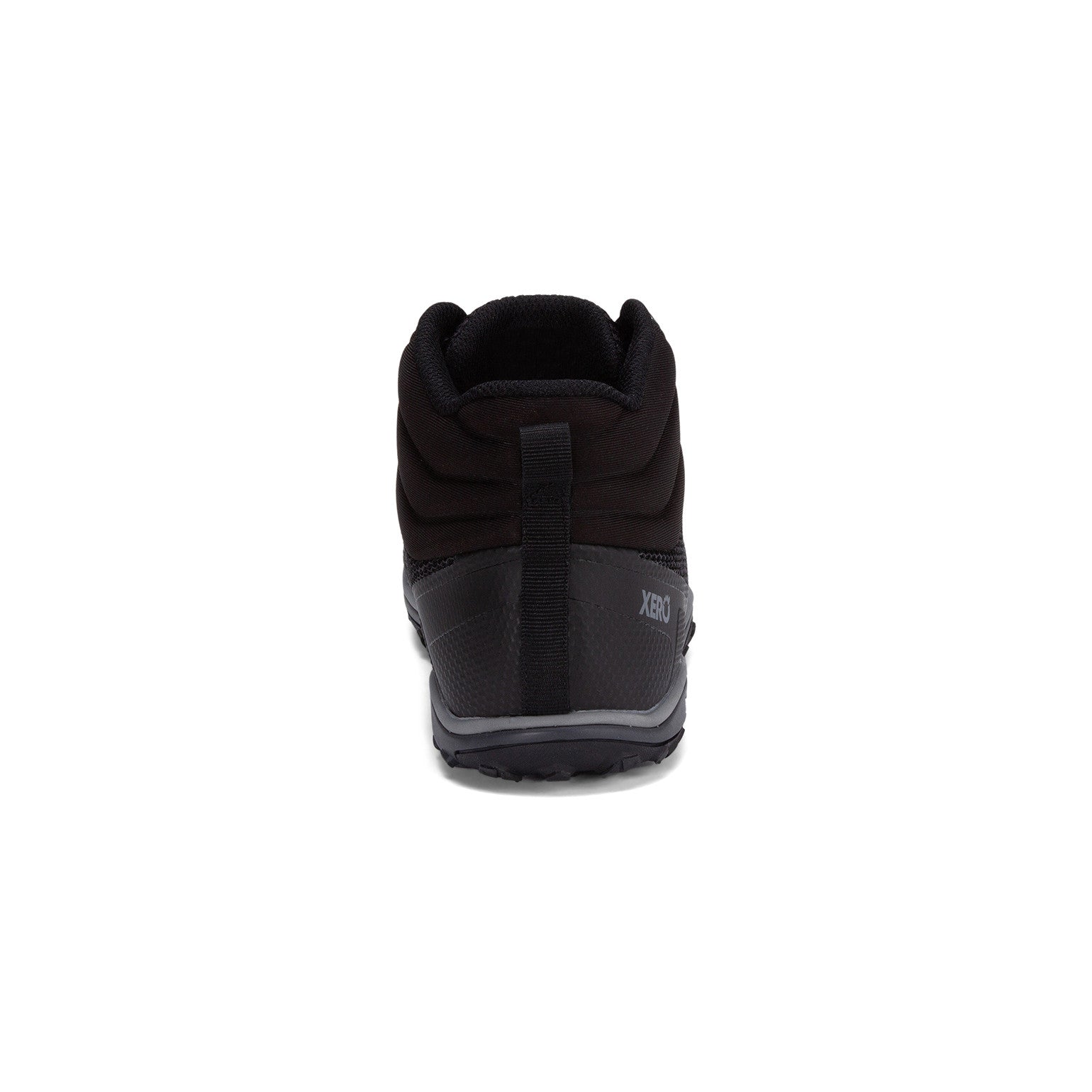 Xero Shoes Scrambler Mid Barfußschuhe, Wanderschuhe für Herren, Rückansicht in Schwarz im Onlineshop für Barfußschuhe