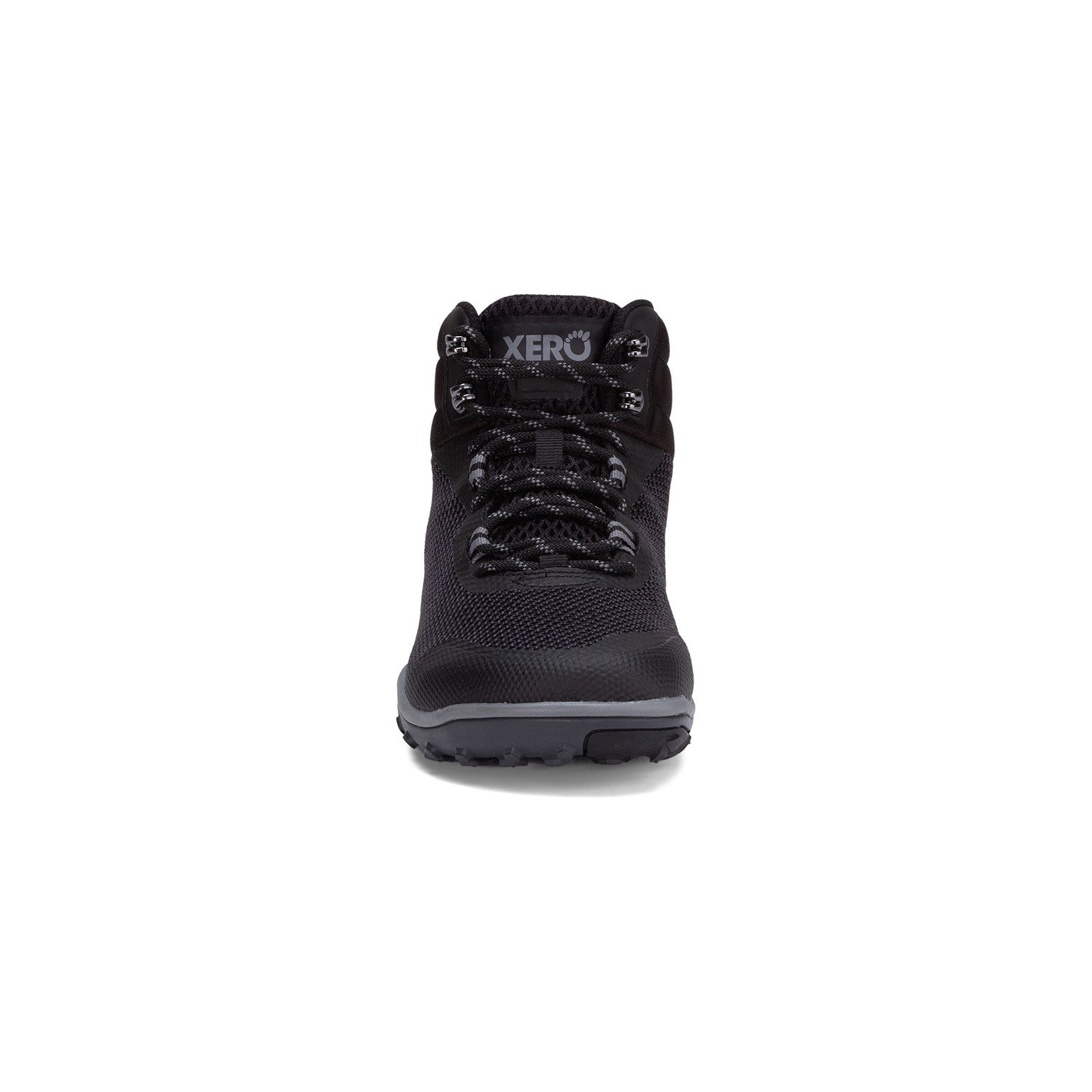 Xero Shoes Scrambler Mid Barfußschuhe, Wanderschuhe für Herren, Vorderansicht in Schwarz im Onlineshop für Barfußschuhe