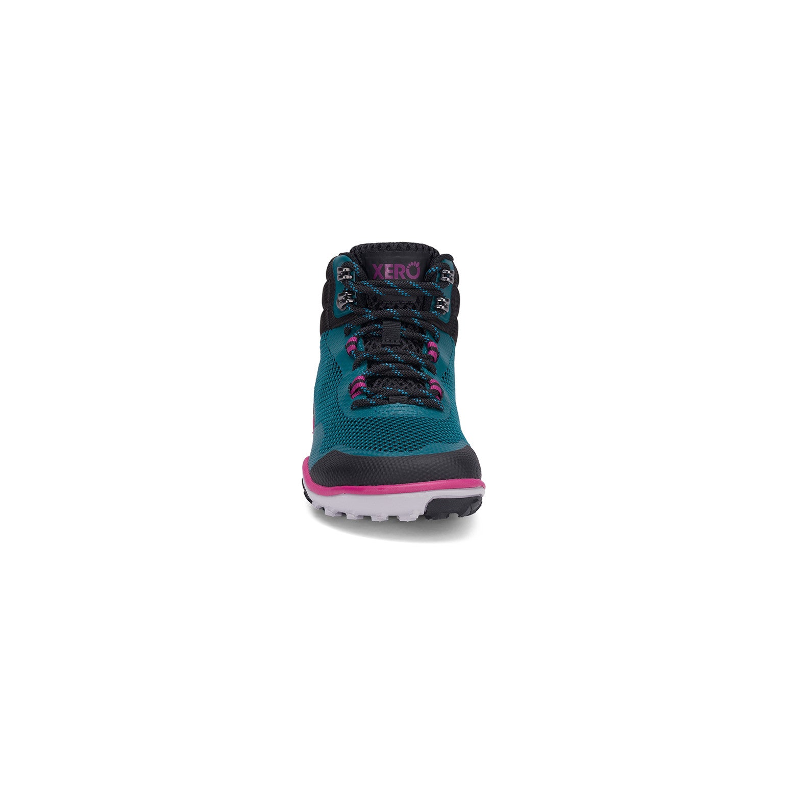 Xero Shoes Scrambler Mid Barfußschuhe, Wanderschuhe für Damen, Vorderansicht in Deep Lake Fuchsia im Onlineshop für Barfußschuhe