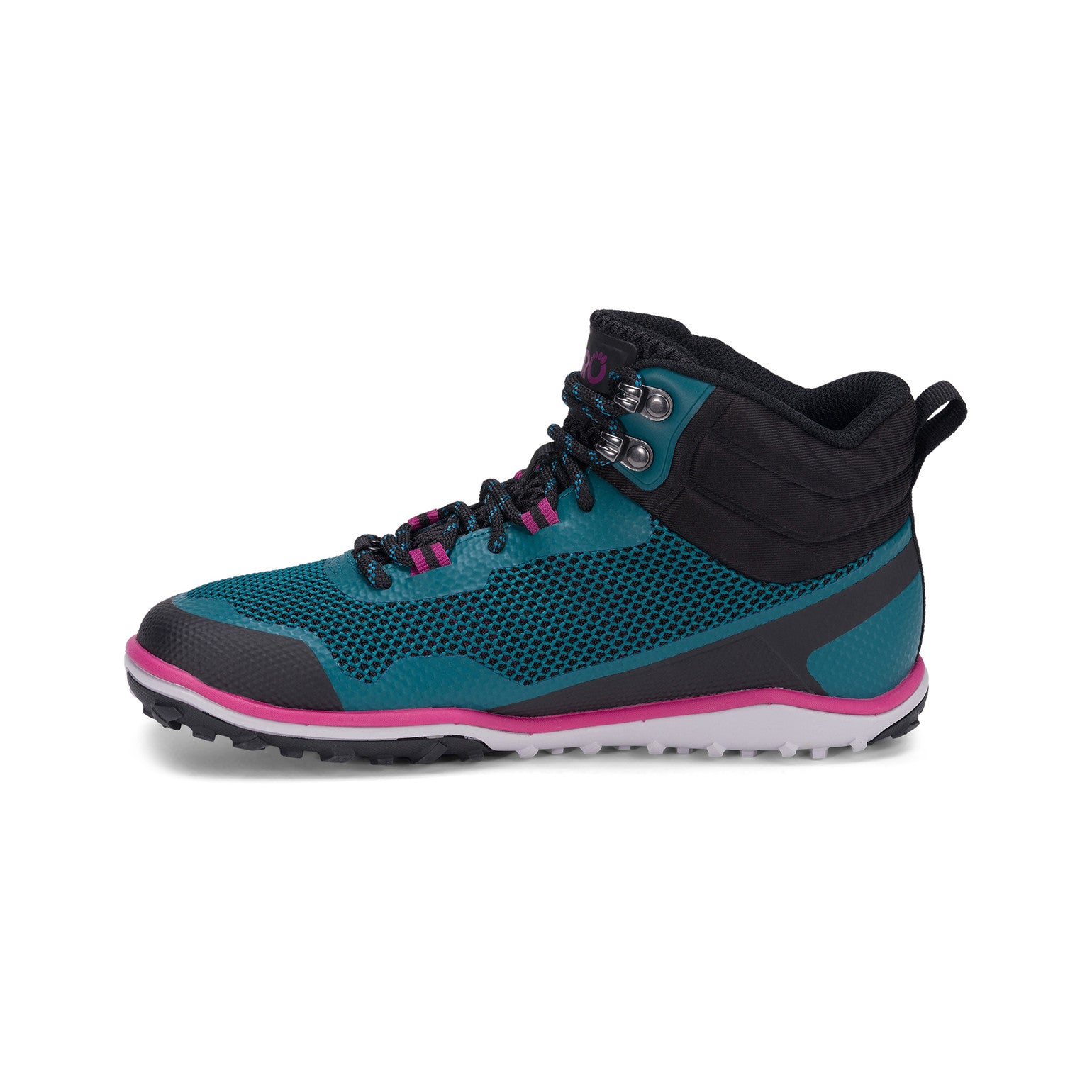Xero Shoes Scrambler Mid Barfußschuhe, Wanderschuhe für Damen, linke Seitenansicht in Deep Lake Fuchsia im Onlineshop für Barfußschuhe