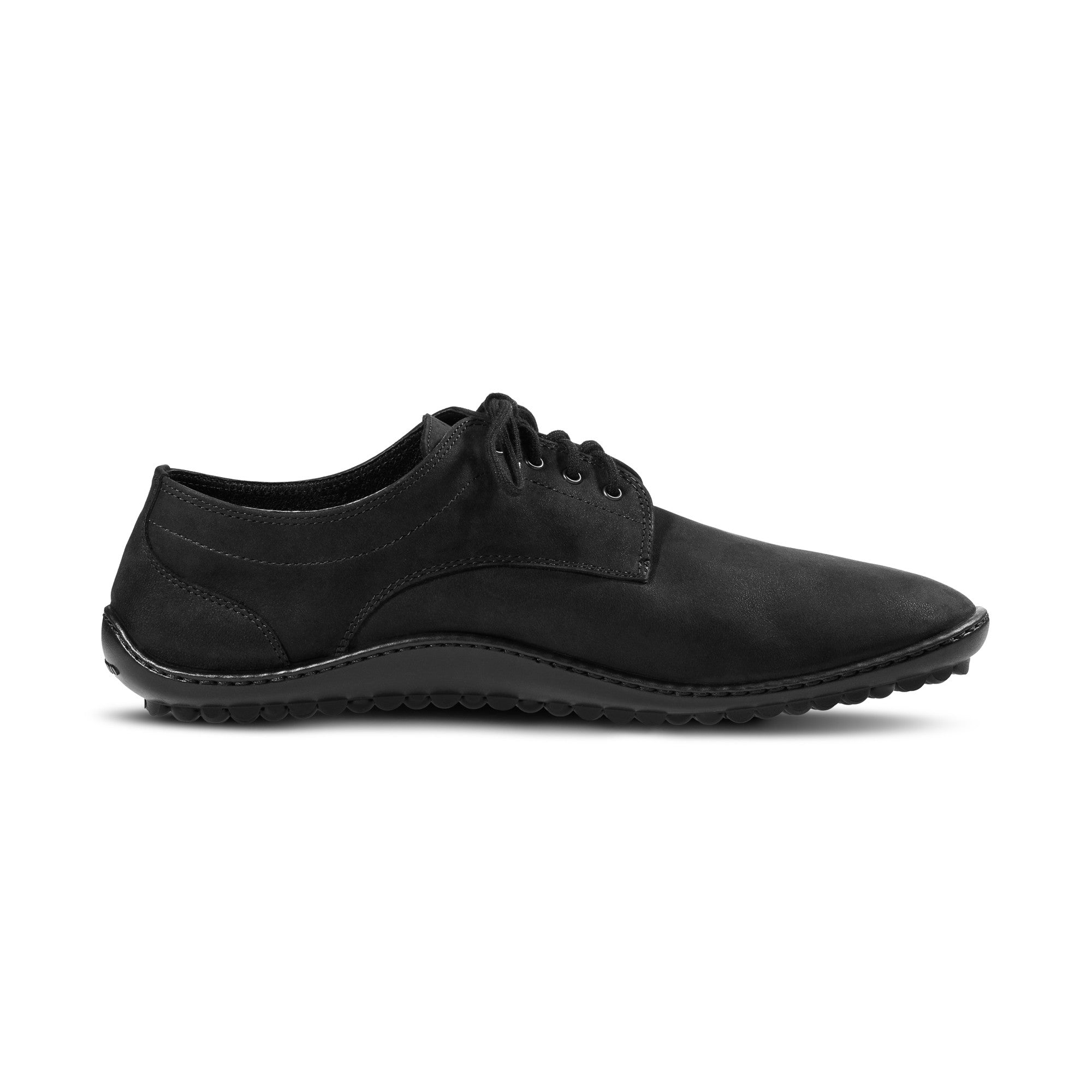 Rechte Seitenansicht der schwarzen Leguano Dean Barfußschuhe aus feinem Nubukleder, elegante Lederschuhe im Onlineshop für Barfußschuhe